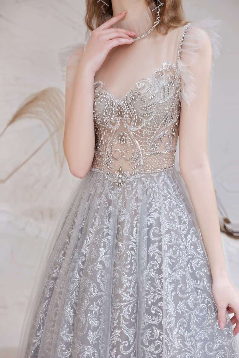 Elegant Lace Illusion A-line Prom Dress with Beaded and Rhinestone