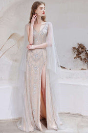 Champagne Tulle V-Neck High Slit Long Formal Dress with Cape