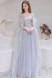 A-line Tulle V-neck Prom Gown with Feather Cape