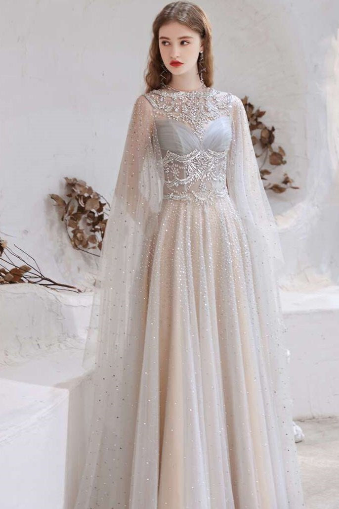 Glamorous Light Grey Tulle Beaded Long Prom Gown with Cape