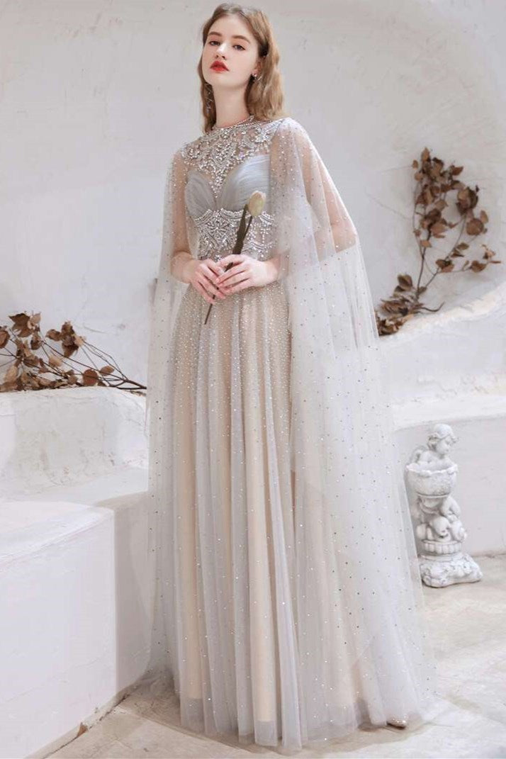 Glamorous Light Grey Tulle Beaded Long Prom Gown with Cape