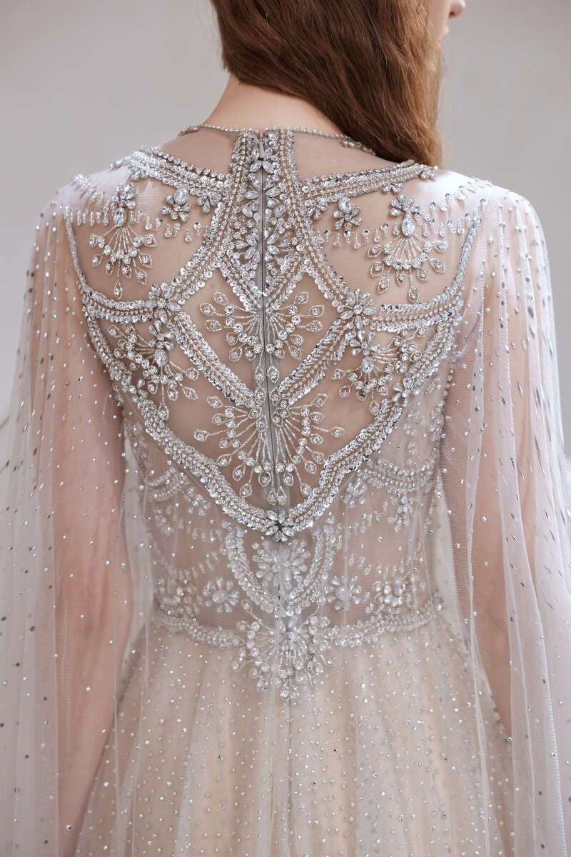 Glamorous Light Grey Tulle Beaded Long Prom Gown with Cape Modsele Glamorous Light Grey Tulle Beaded Long Prom Gown with Cape Modsele
