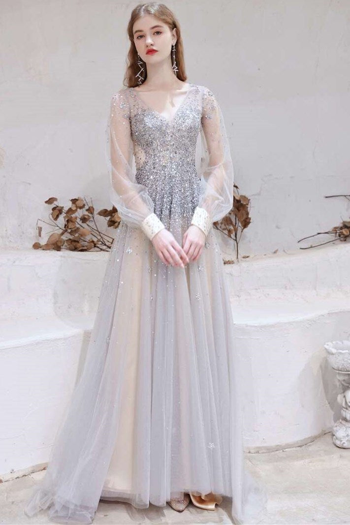 Gray Tulle Beaded V-Neck Long Sleeve Prom Dress