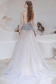 Gray Tulle Beaded V-Neck Long Sleeve Prom Dress