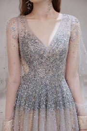 Gray Tulle Beaded V-Neck Long Sleeve Prom Dress