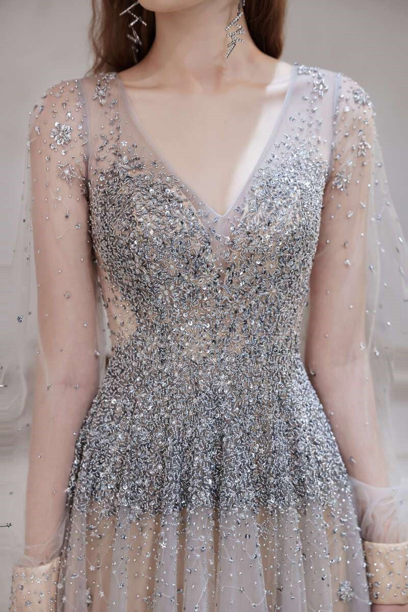 Gray Tulle Beaded V-Neck Long Sleeve Prom Dress