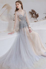 Gray Tulle Beaded V-Neck Long Sleeve Prom Dress