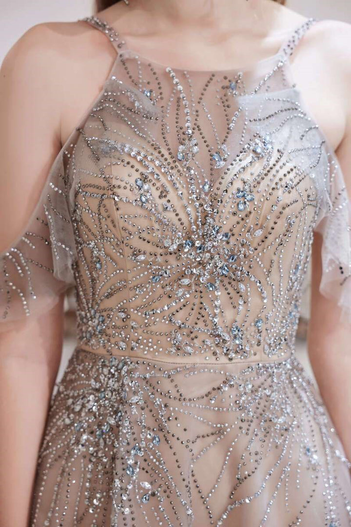 Gray Tulle A-line Spaghetti Straps Beaded Long Prom Dress