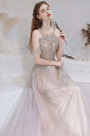 Gray Tulle A-line Spaghetti Straps Beaded Long Prom Dress