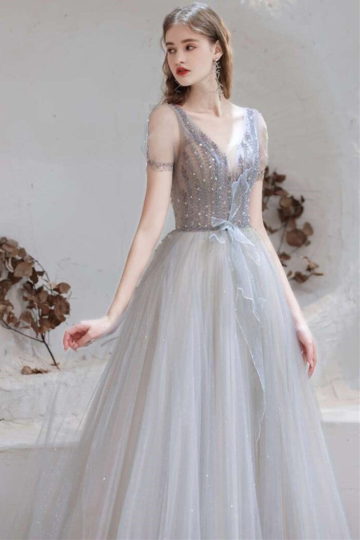 Light Gray Tulle V-Neckline Long Prom Dress with Lace-Up Back