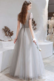 Light Gray Tulle V-Neckline Long Prom Dress with Lace-Up Back