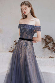 Navy Blue Tulle Beaded Off-the-Shoulder Floor Length Prom Dress