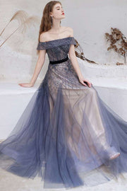 Navy Blue Tulle Beaded Off-the-Shoulder Floor Length Prom Dress