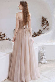 Champagne Tulle Sequins Off-the-Shoulder A-Line Prom Dress