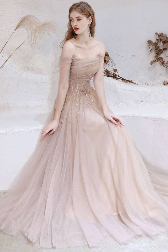 Champagne Tulle Sequins Off-the-Shoulder A-Line Prom Dress