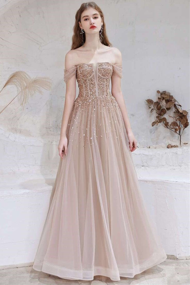 A-Line Champagne Tulle Off-the-Shoulder Prom Dress with Sequins