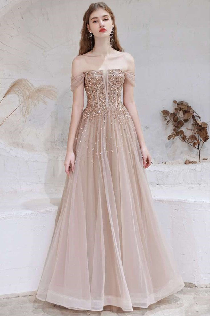 champagne off the shoulder prom dress A-Line Champagne Tulle Off-the-Shoulder Prom Dress with Sequins – Modsele