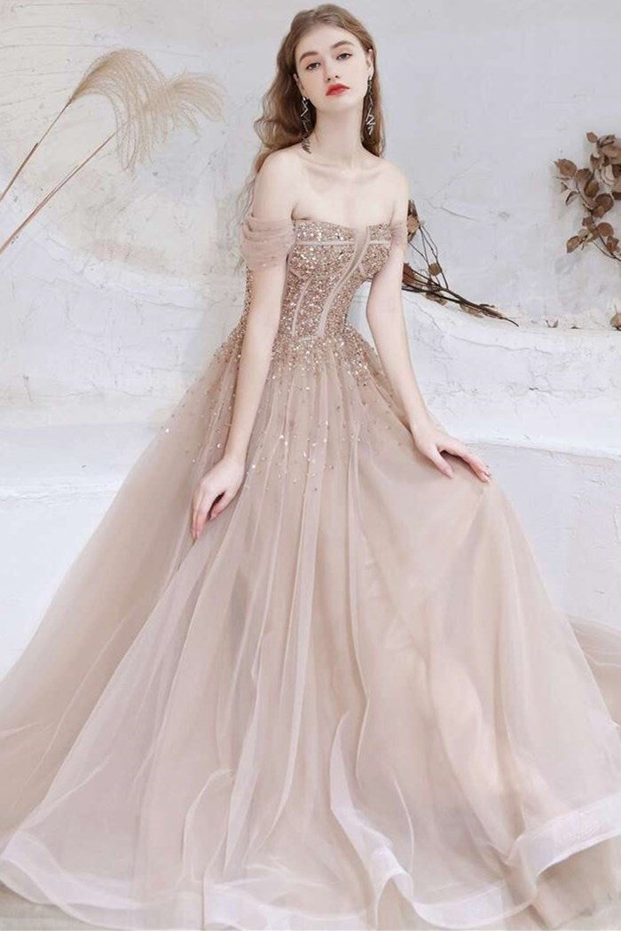 A-Line Champagne Tulle Off-the-Shoulder Prom Dress with Sequins