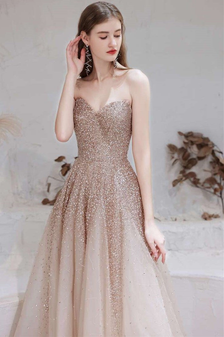 Gradient Rose Gold Tulle Strapless Prom Gown with Cape