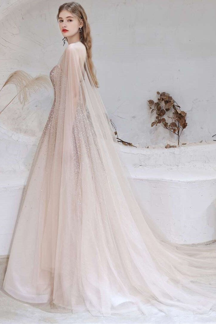Gradient Rose Gold Tulle Strapless Prom Gown with Cape Modsele Gradient Rose Gold Tulle Strapless Prom Gown with Cape Modsele