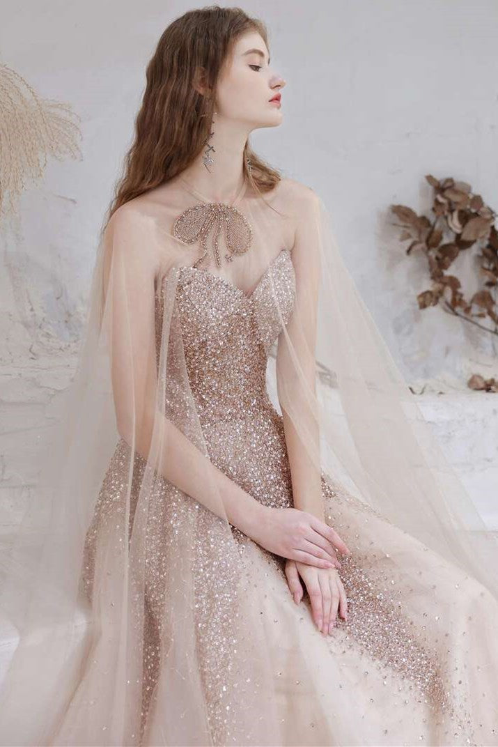 Gradient Rose Gold Tulle Strapless Prom Gown with Cape