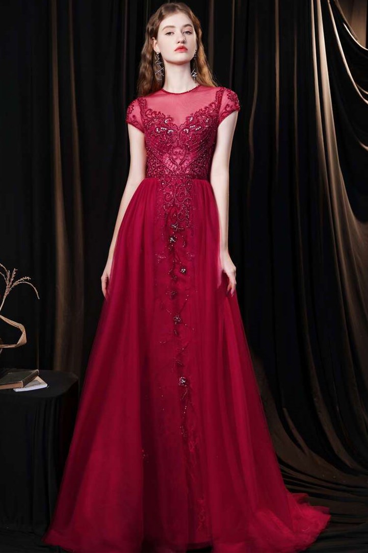 Red Tulle Cap Sleeve Round Neck Floor-length Prom Dress