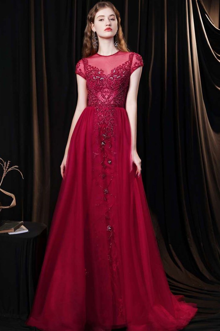 Red Tulle Cap Sleeve Round Neck Floor-length Prom Dress Modsele Red Tulle Cap Sleeve Round Neck Floor-length Prom Dress Modsele