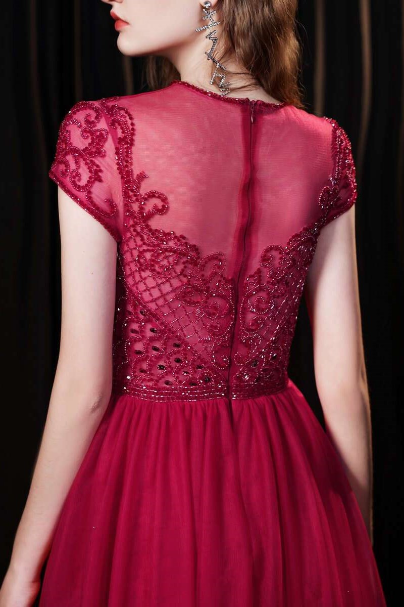 Red Tulle Cap Sleeve Round Neck Floor-length Prom Dress