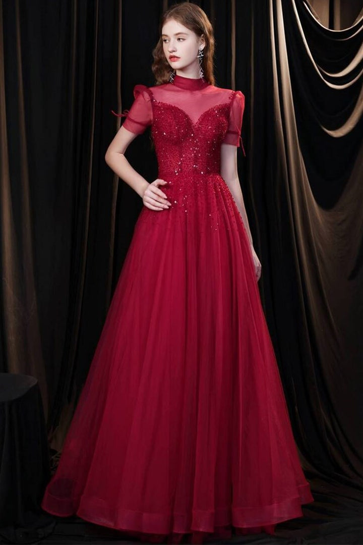 Burgundy A-line Tulle High Collar Long Prom Dress with Sequins