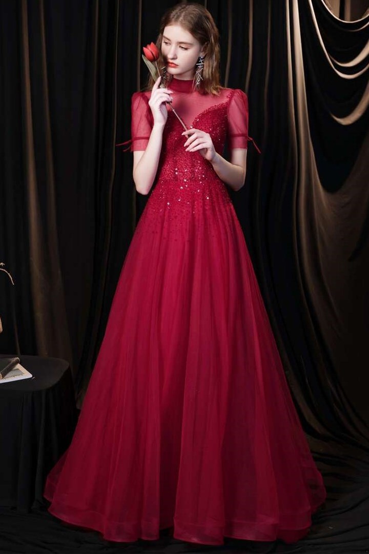 Burgundy A-line Tulle High Collar Long Prom Dress with Sequins