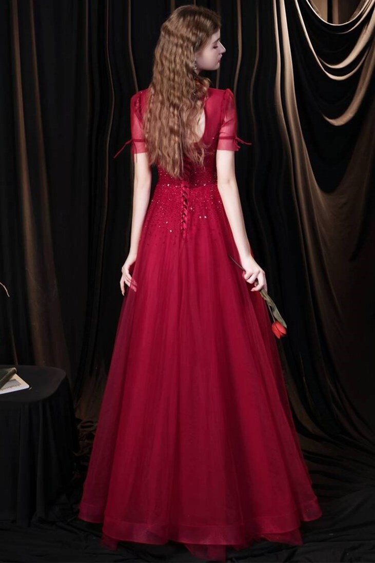 Burgundy A-line Tulle High Collar Long Prom Dress with Sequins