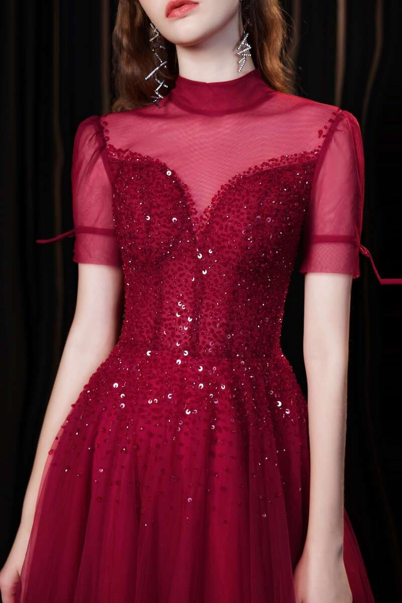 Burgundy A-line Tulle High Collar Long Prom Dress with Sequins