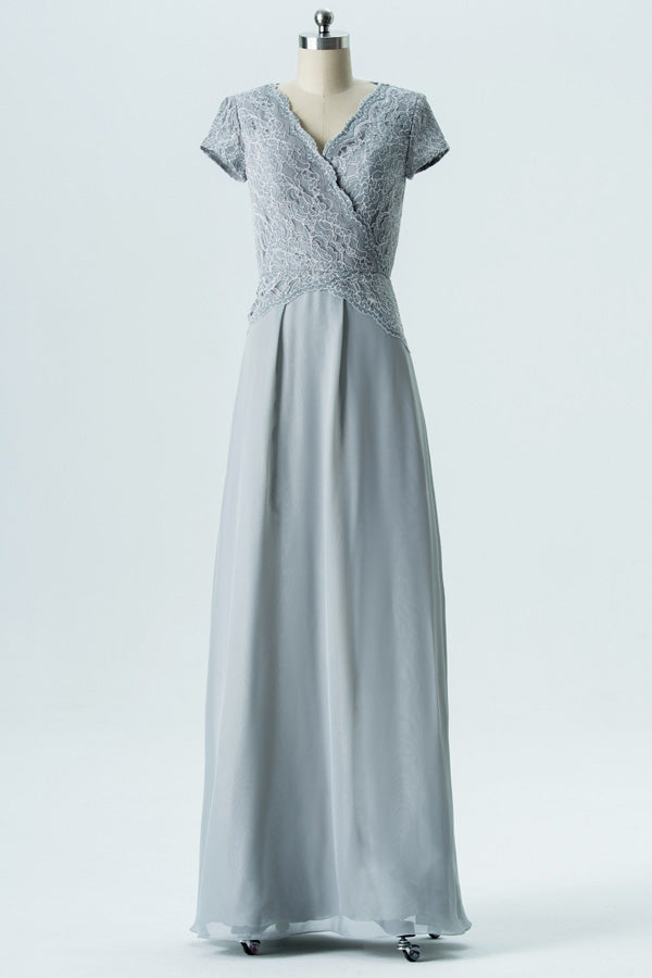 Grey Chiffon Short Sleeve Wrap Bridesmaid Dress