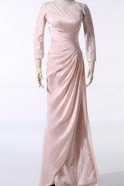 Blush Pink Satin Long Sleeve Ruched Mother of the Bride Dress