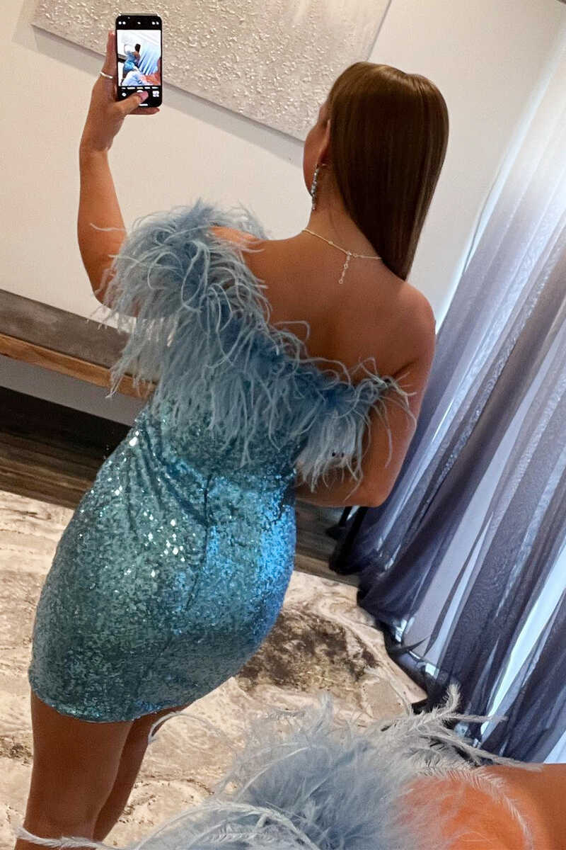 One-Shoulder Light Blue Sequins Feather Mini Homecoming Dress Modsele One-Shoulder Light Blue Sequins Feather Mini Homecoming Dress Modsele