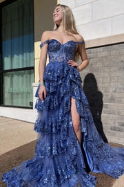 Fairytale Sequin-Embroidery Off-the-Shoulder Tiered Long Prom Dress with Slit