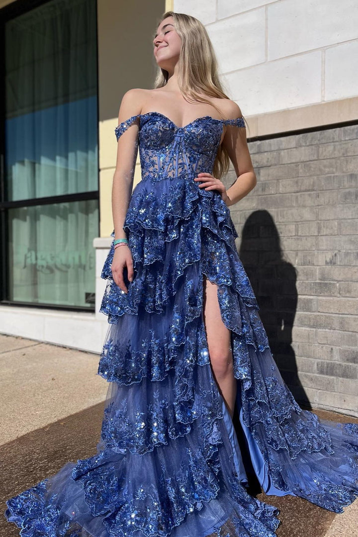 Fairytale Sequin-Embroidery Off-the-Shoulder Tiered Long Prom Dress wi