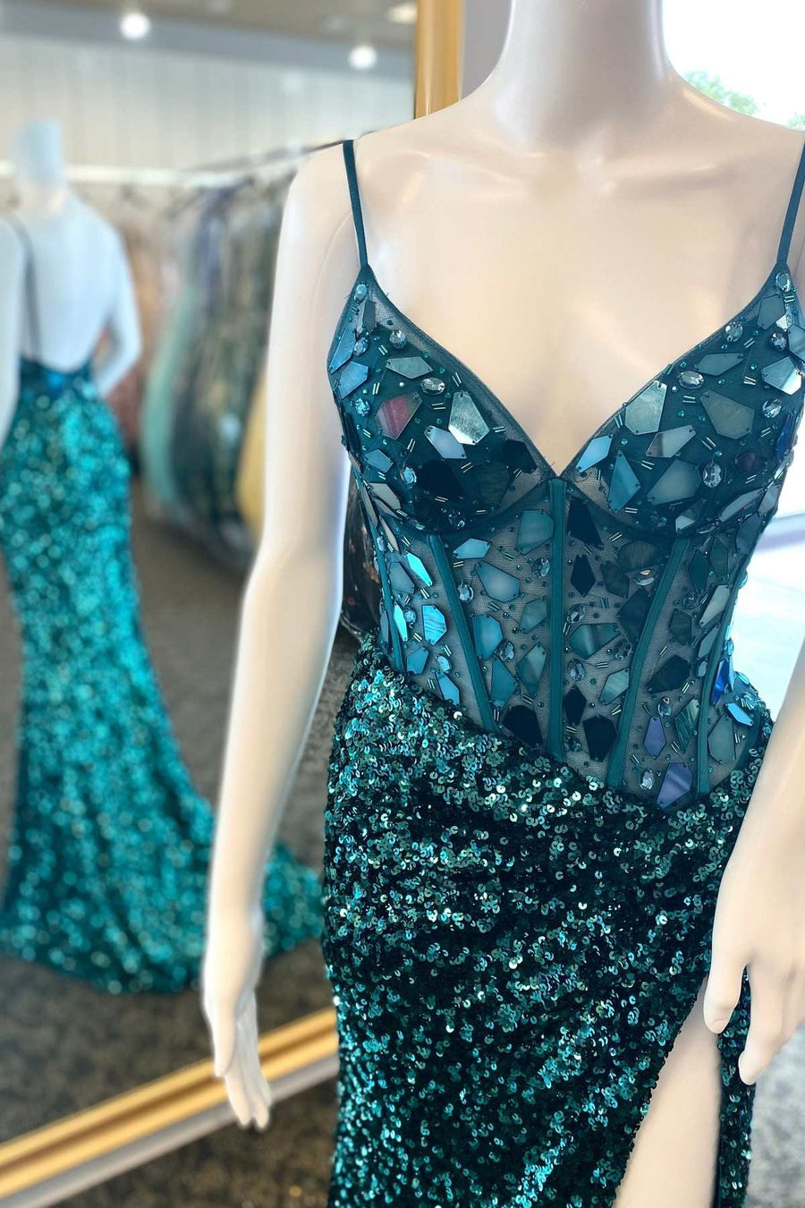 Emerald Green Sequin Cut Glass Mirror Long Prom Dress with Slit