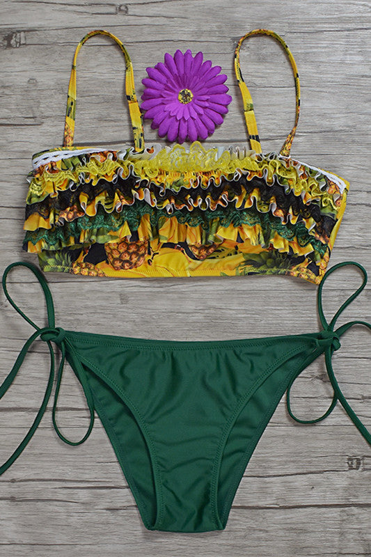 Green Print Side-Tie Ruffled Swimsuit