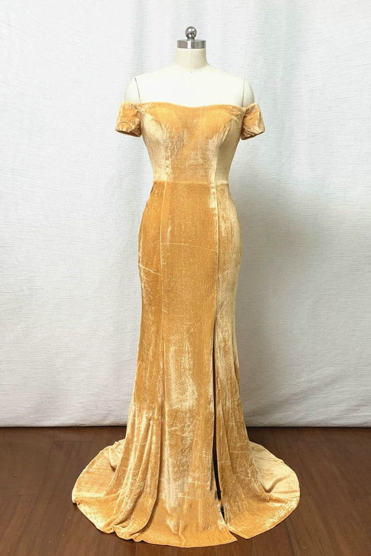 Gold Velvet Off-the-Shoulder Mermaid Bridesmaid Dress