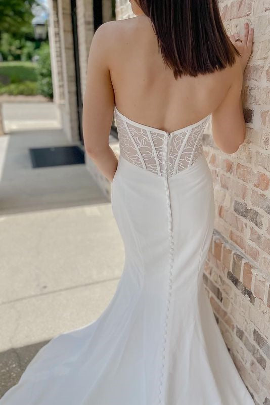 White Strapless Open Back Mermaid Long Wedding Gown