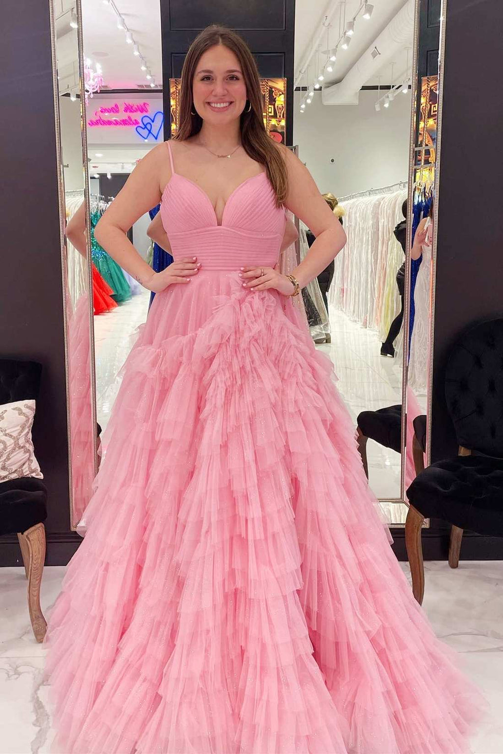 Pink Halter Tulle Tiered Backless Long Prom Dress with Slit,DP1762 main image 0