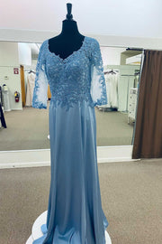 Dusty Blue Appliques Long Mother of the Bride Dress
