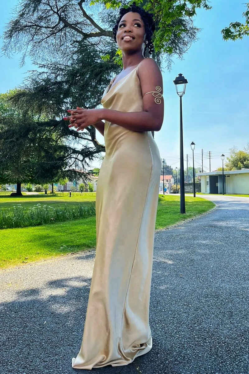 Champagne Satin Cowl Neck Long Bridesmaid Dress Modsele Champagne Satin Cowl Neck Long Bridesmaid Dress Modsele