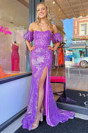 Purple Sequin Strapless Mermaid Long Prom Dress with Puff Sleeves