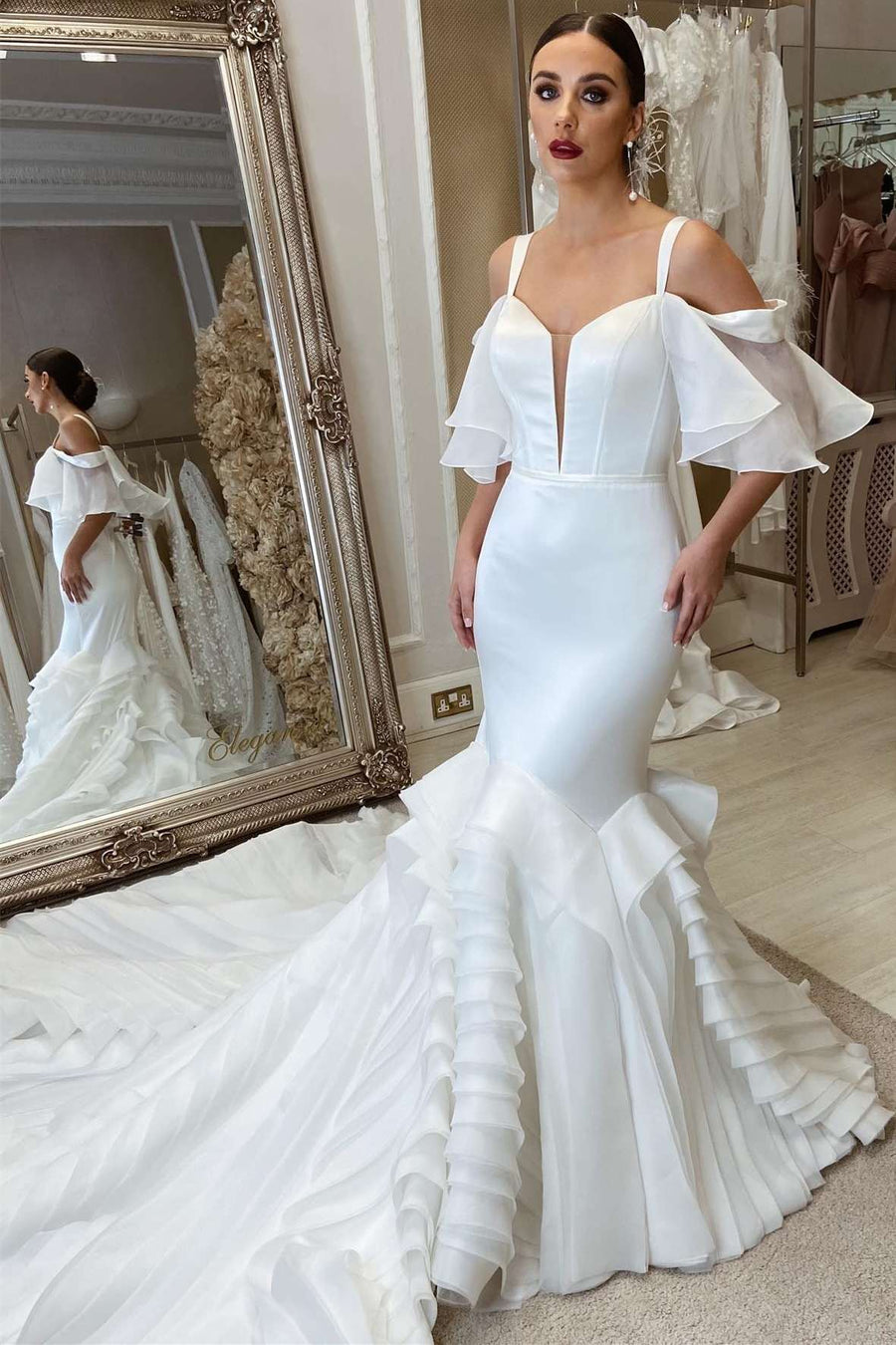 White Cold-Shoulder Ruffles Trumpet Long Wedding Dress