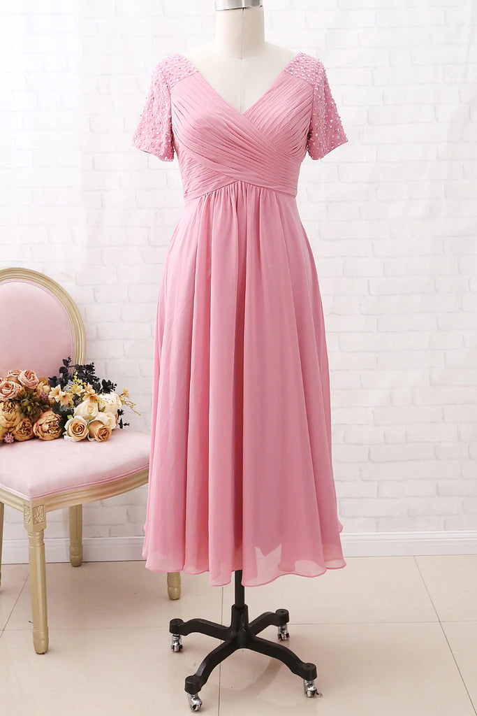 Pink Chiffon V-Neck Beaded Sleeve Mother of the Brides Dress