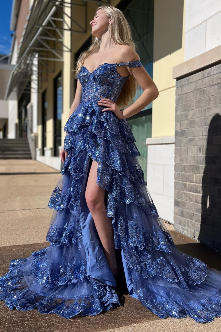 Fairytale Sequin-Embroidery Off-the-Shoulder Tiered Long Prom Dress with Slit
