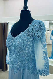 Dusty Blue Appliques Long Mother of the Bride Dress
