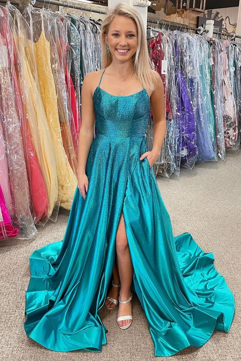 Turquoise Beaded Halter Backless A-Line Prom Dress